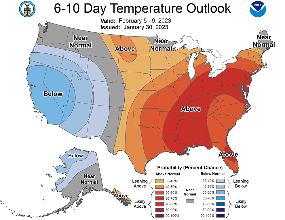 NOAA CPC 6 to 10 Day Temperature Probability Outlook