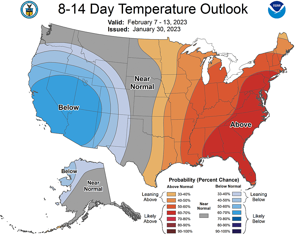 NOAA CPC 8 to 14 Day Temperature Probability Outlook