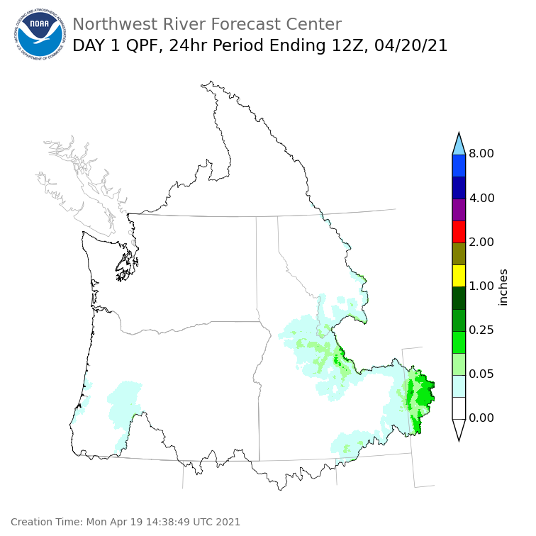 Day 1 (Monday): Precipitation Forecast ending Tuesday, April 20 at 5 am PDT