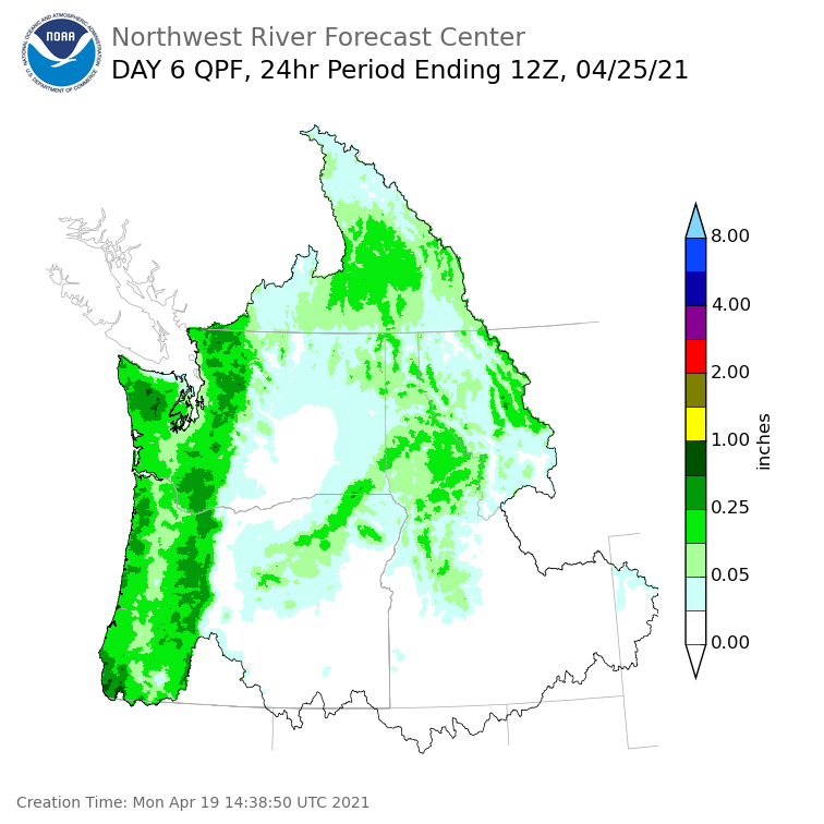 Day 6 (Saturday): Precipitation Forecast ending Sunday, April 25 at 5 am PDT