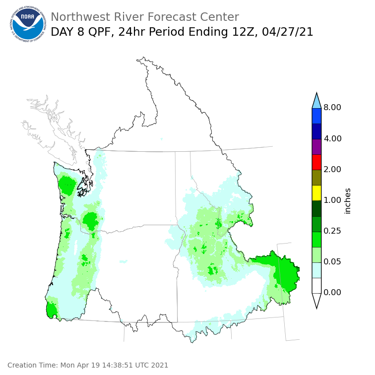Day 8 (Monday): Precipitation Forecast ending Tuesday, April 27 at 5 am PDT