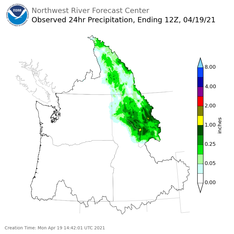 Observed Precipitation ending Monday, April 19 at 5 am PDT