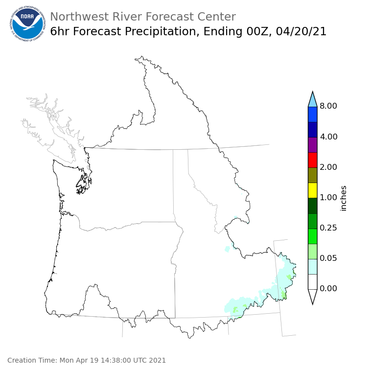 Day 1 (Monday): 6 Hourly Precipitation Forecast ending Monday, April 19 at 5 pm PDT