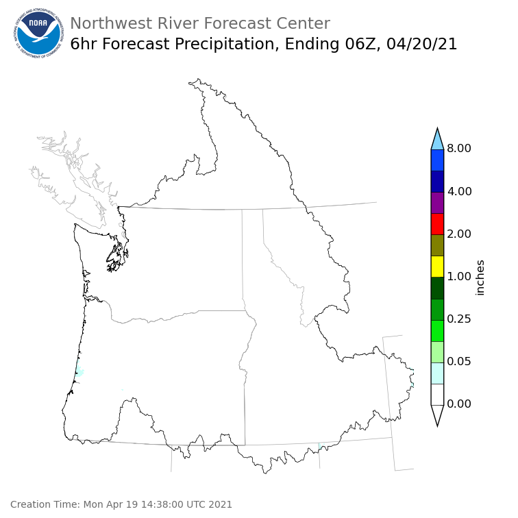 Day 1 (Monday): 6 Hourly Precipitation Forecast ending Monday, April 19 at 11 pm PDT