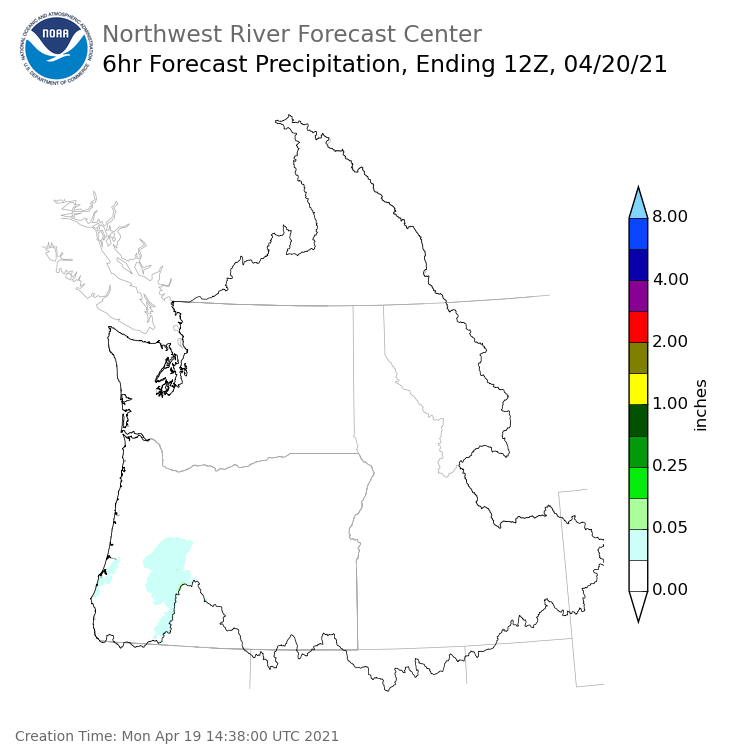 Day 1 (Monday): 6 Hourly Precipitation Forecast ending Tuesday, April 20 at 5 am PDT