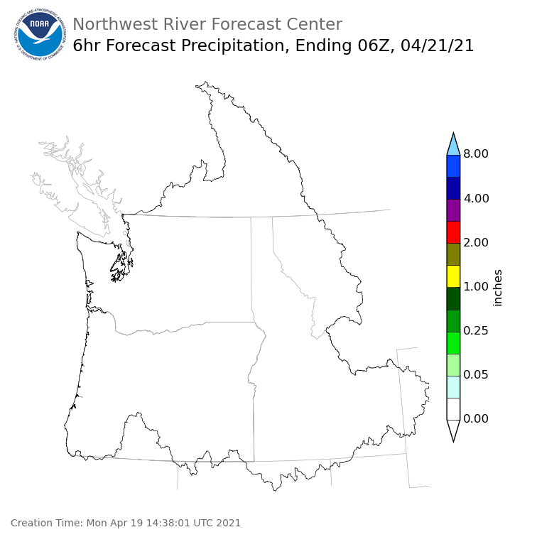 Day 2 (Tuesday): 6 Hourly Precipitation Forecast  ending Tuesday, April 20 at 11 pm PDT