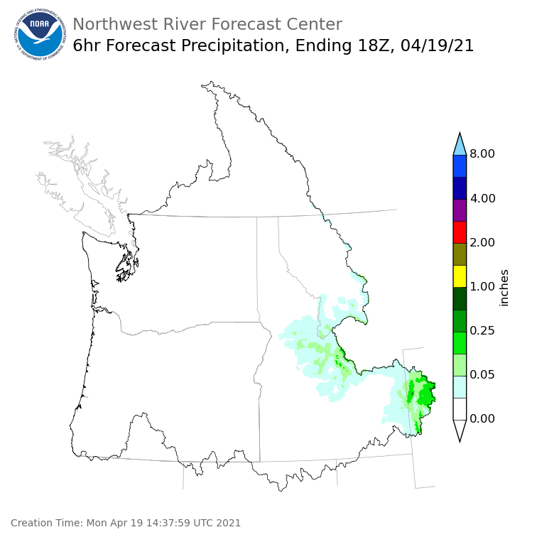 Day 1 (Monday): 6 Hourly Precipitation Forecast ending Monday, April 19 at 11 am PDT