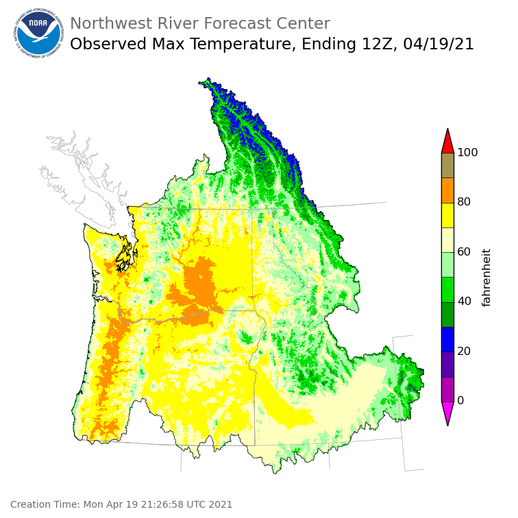 Maximum Temperatures ending Sunday, April 18 at 9 pm PDT