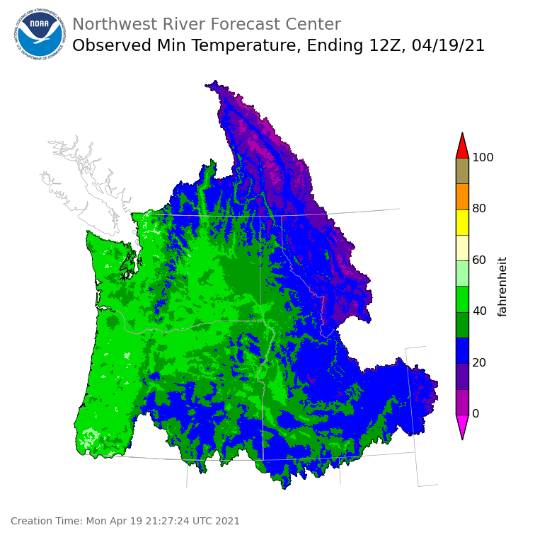 Minimum Temperatures ending Monday, April 19 at 5 am PDT