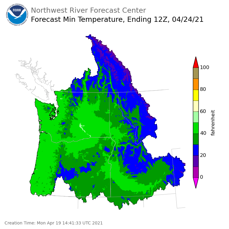 Day 5 (Friday): Min Temperature Forecast ending Saturday, April 24 at 5 am PDT