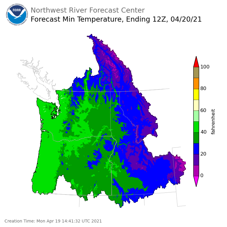 Day 1 (Monday): Min Temperature Forecast ending Tuesday, April 20 at 5 am PDT