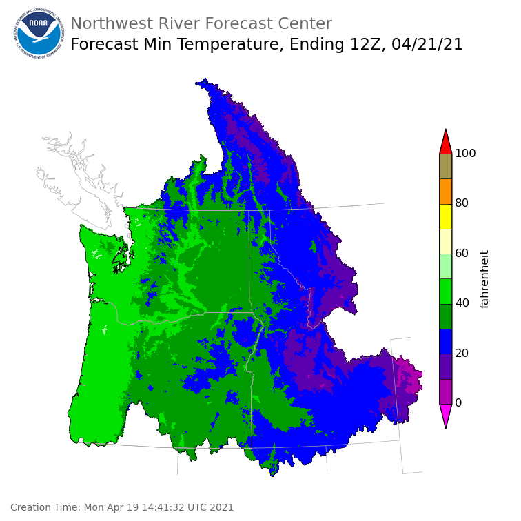 Day 2 (Tuesday): Min Temperature Forecast ending Wednesday, April 21 at 5 am PDT