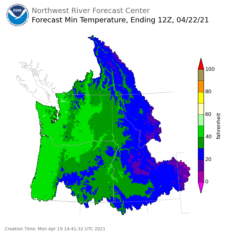 Day 3 (Wednesday): Min Temperature Forecast ending Thursday, April 22 at 5 am PDT