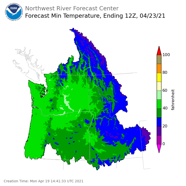 Day 4 (Thursday): Min Temperature Forecast ending Friday, April 23 at 5 am PDT