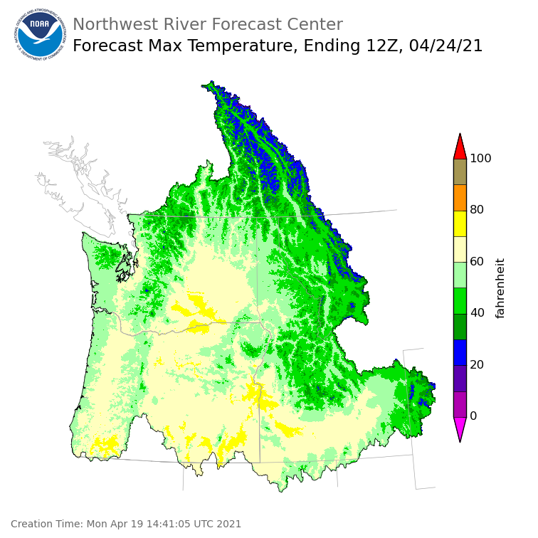 Day 5 (Friday): Max Temperature Forecast ending Saturday, April 24 at 5 am PDT