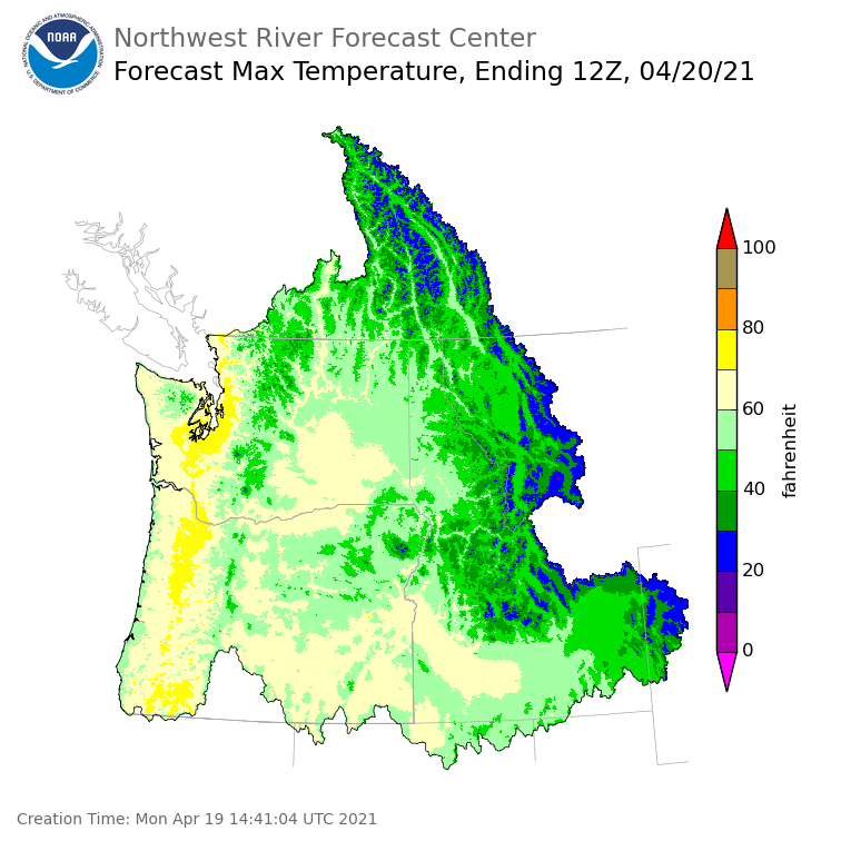 Day 1 (Monday): Max Temperature Forecast ending Tuesday, April 20 at 5 am PDT