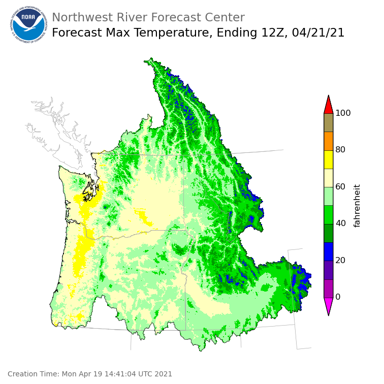 Day 2 (Tuesday): Max Temperature Forecast ending Wednesday, April 21 at 5 am PDT