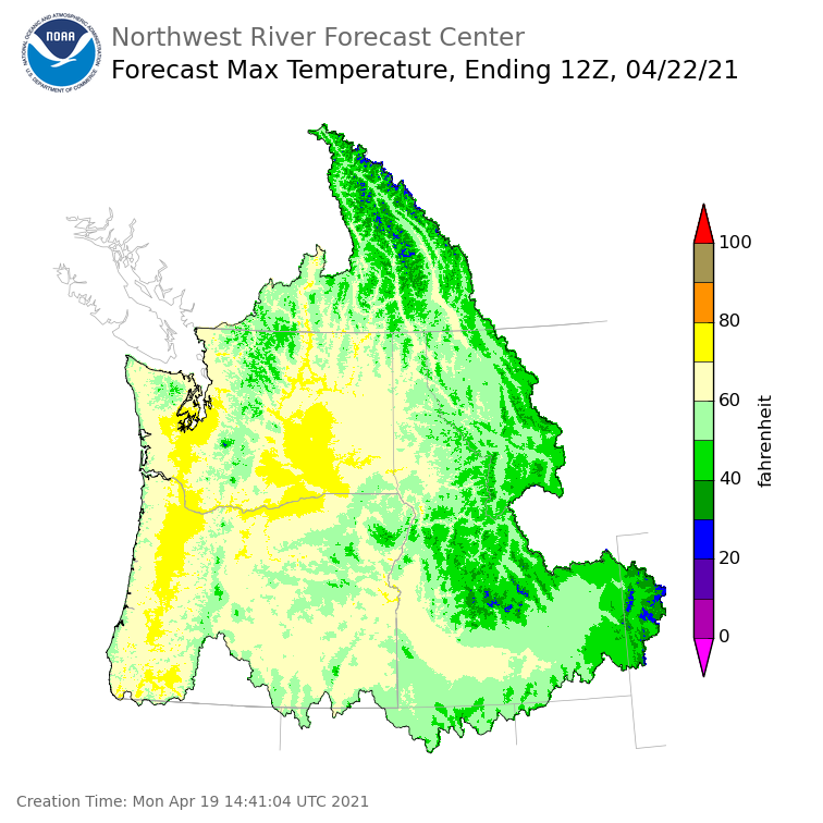 Day 3 (Wednesday): Max Temperature Forecast ending Thursday, April 22 at 5 am PDT