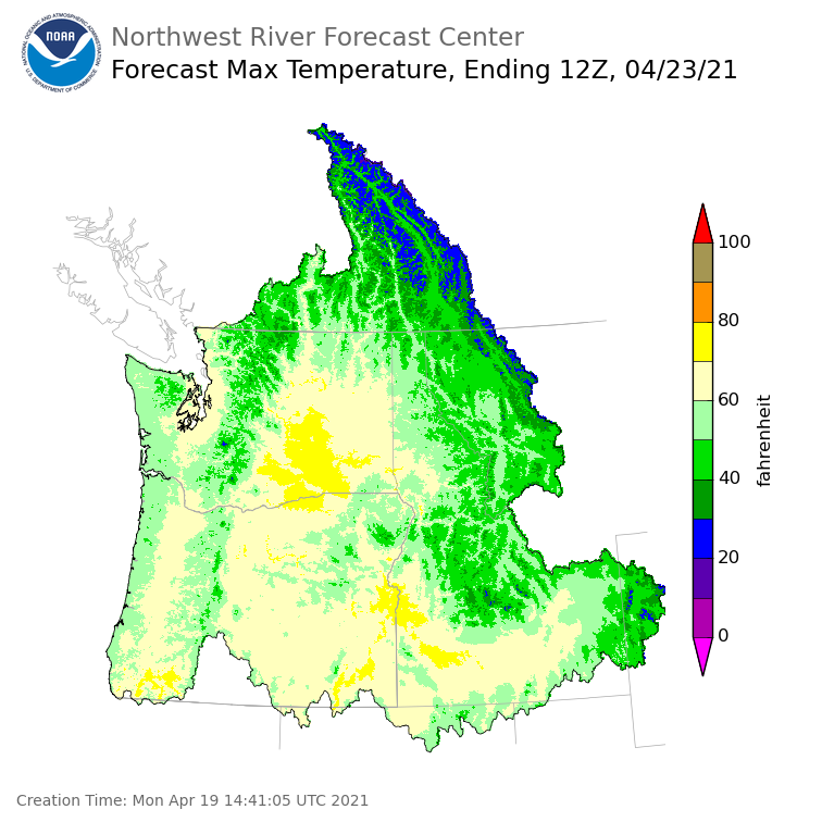 Day 4 (Thursday): Max Temperature Forecast ending Friday, April 23 at 5 am PDT