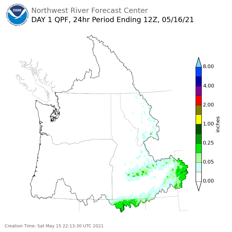 Day 1 (Saturday): Precipitation Forecast ending Sunday, May 16 at 5 am PDT