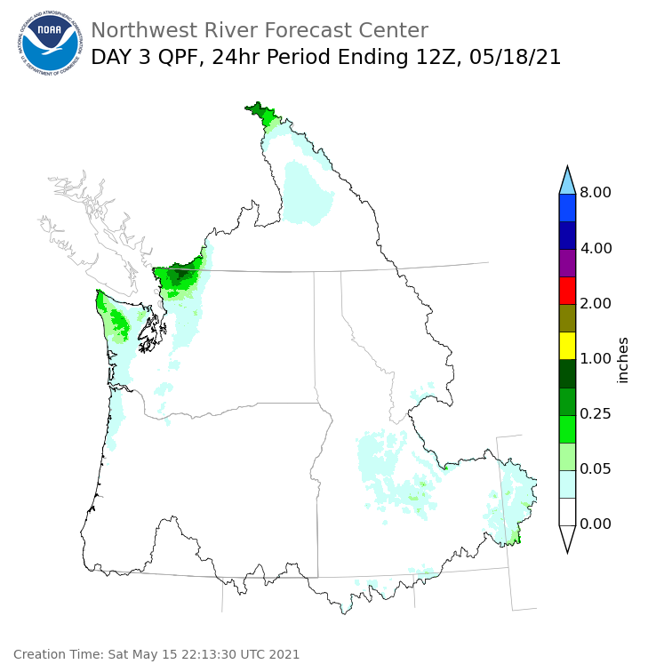 Day 3 (Monday): Precipitation Forecast ending Tuesday, May 18 at 5 am PDT