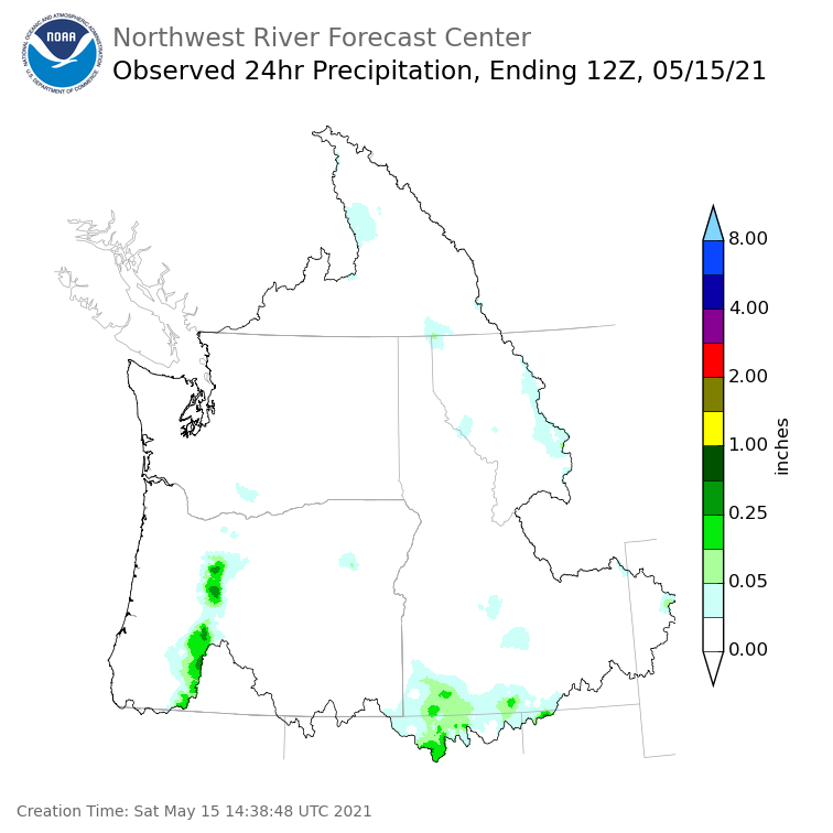 Observed Precipitation ending Saturday, May 15 at 5 am PDT
