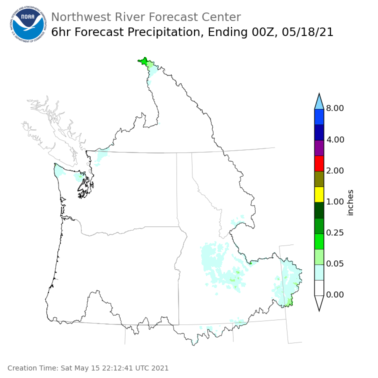 Day 3 (Monday): 6 Hourly Precipitation Forecast  ending Monday, May 17 at 5 pm PDT