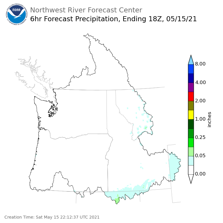 Day 1 (Saturday): 6 Hourly Precipitation Forecast ending Saturday, May 15 at 11 am PDT