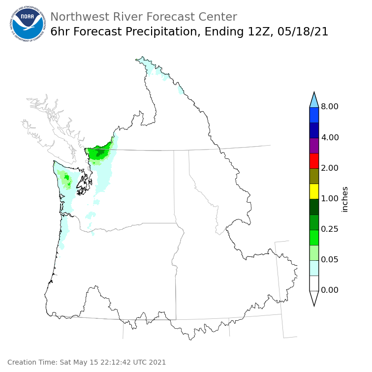 Day 3 (Monday): 6 Hourly Precipitation Forecast  ending Tuesday, May 18 at 5 am PDT