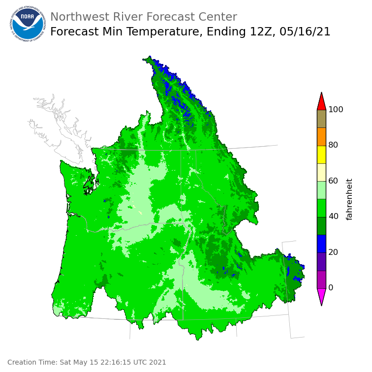 Day 1 (Saturday): Min Temperature Forecast ending Sunday, May 16 at 5 am PDT