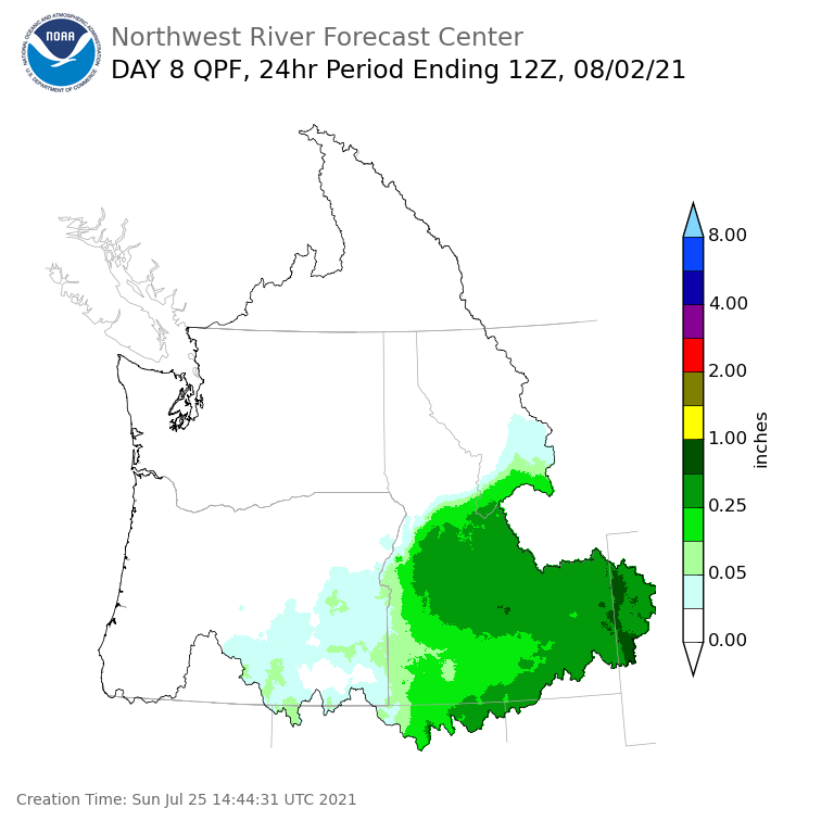 Day 8 (Sunday): Precipitation Forecast ending Monday, August 2 at 5 am PDT