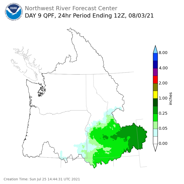 Day 9 (Monday): Precipitation Forecast ending Tuesday, August 3 at 5 am PDT