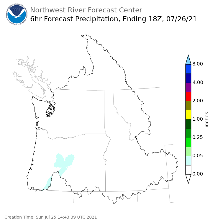 Day 2 (Monday): 6 Hourly Precipitation Forecast  ending Monday, July 26 at 11 am PDT