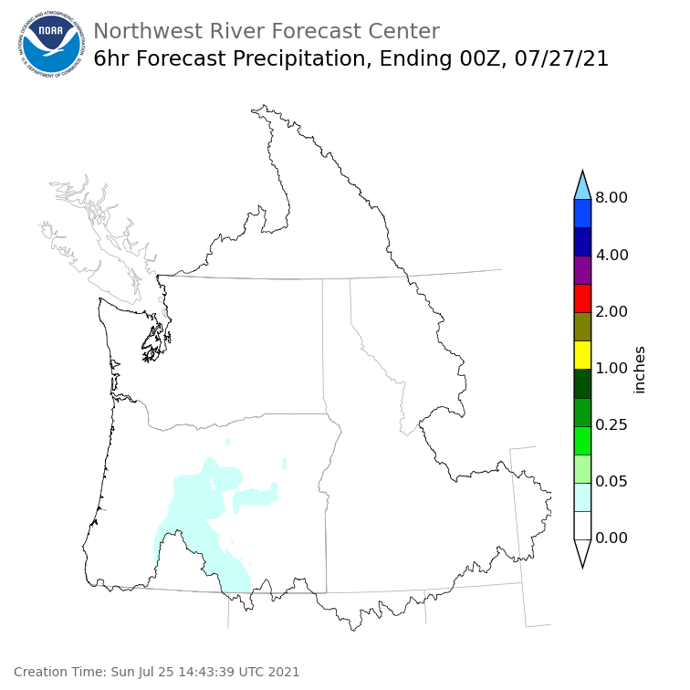 Day 2 (Monday): 6 Hourly Precipitation Forecast  ending Monday, July 26 at 5 pm PDT