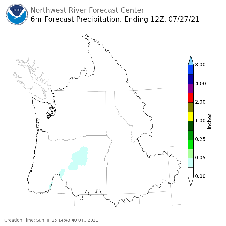 Day 2 (Monday): 6 Hourly Precipitation Forecast  ending Tuesday, July 27 at 5 am PDT