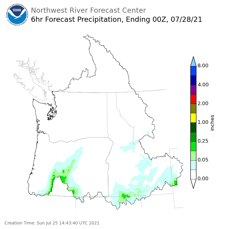 Day 3 (Tuesday): 6 Hourly Precipitation Forecast  ending Tuesday, July 27 at 5 pm PDT