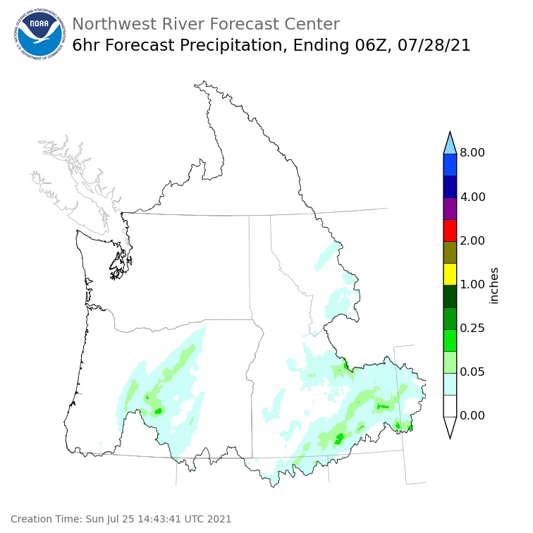 Day 3 (Tuesday): 6 Hourly Precipitation Forecast  ending Tuesday, July 27 at 11 pm PDT