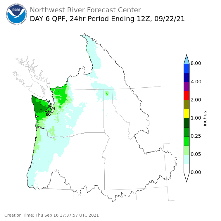 Day 6 (Tuesday): Precipitation Forecast ending Wednesday, September 22 at 5 am PDT