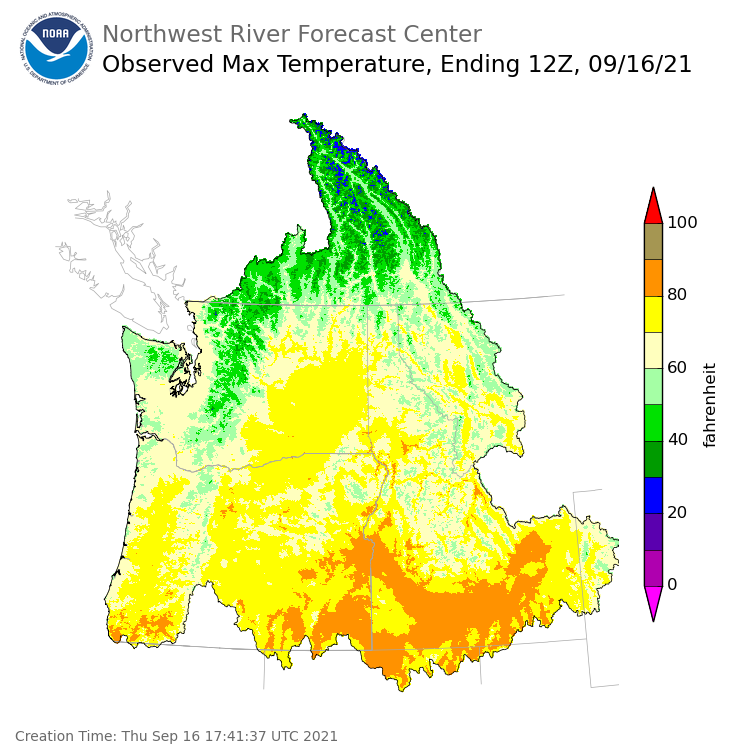 Maximum Temperatures ending Wednesday, September 15 at 9 pm PDT