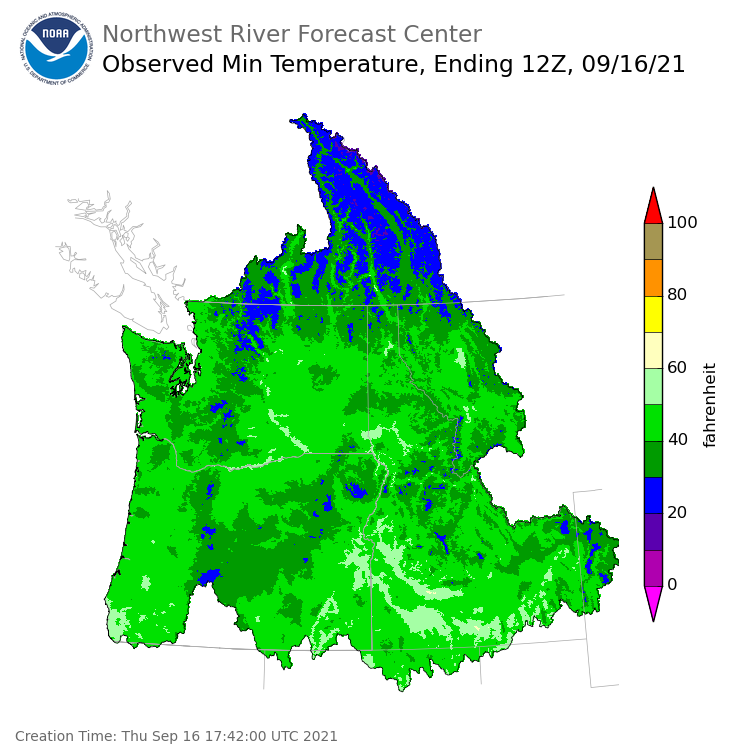 Minimum Temperatures ending Thursday, September 16 at 5 am PDT