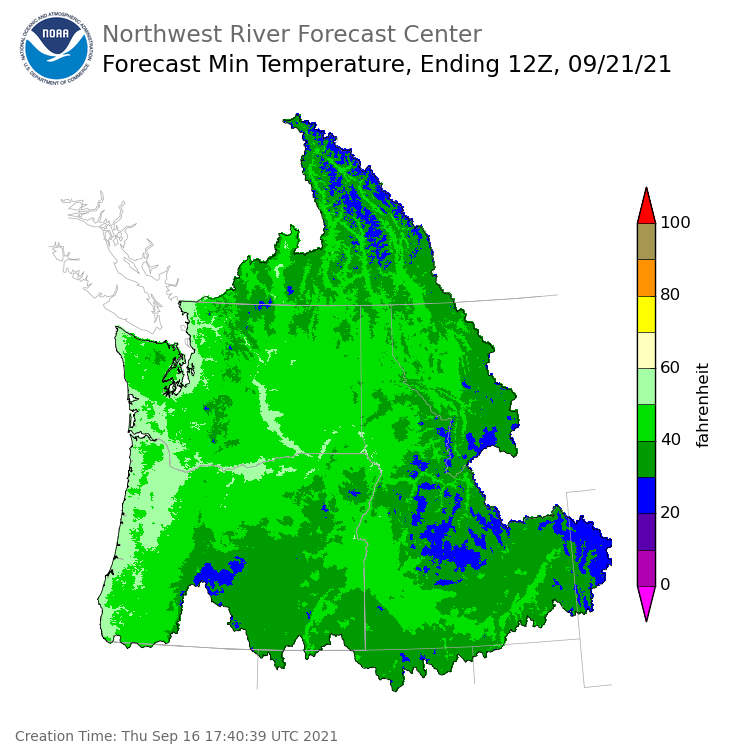 Day 5 (Monday): Min Temperature Forecast ending Tuesday, September 21 at 5 am PDT