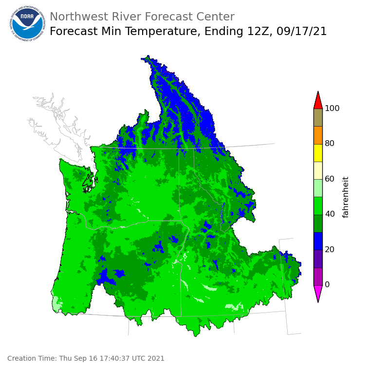 Day 1 (Thursday): Min Temperature Forecast ending Friday, September 17 at 5 am PDT