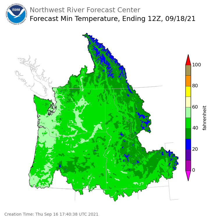 Day 2 (Friday): Min Temperature Forecast ending Saturday, September 18 at 5 am PDT