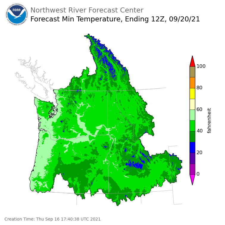 Day 4 (Sunday): Min Temperature Forecast ending Monday, September 20 at 5 am PDT