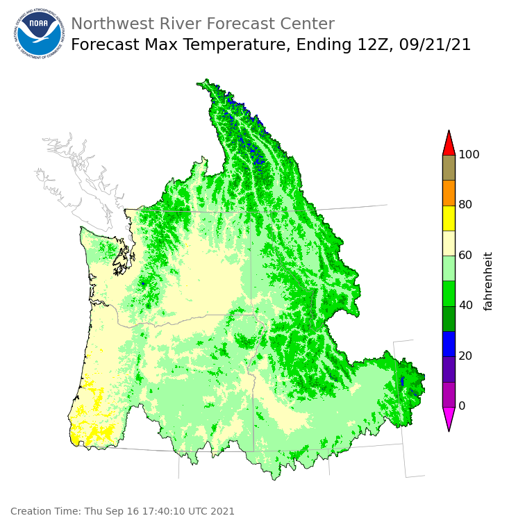 Day 5 (Monday): Max Temperature Forecast ending Tuesday, September 21 at 5 am PDT