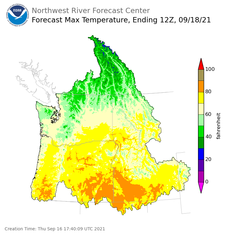 Day 2 (Friday): Max Temperature Forecast ending Saturday, September 18 at 5 am PDT