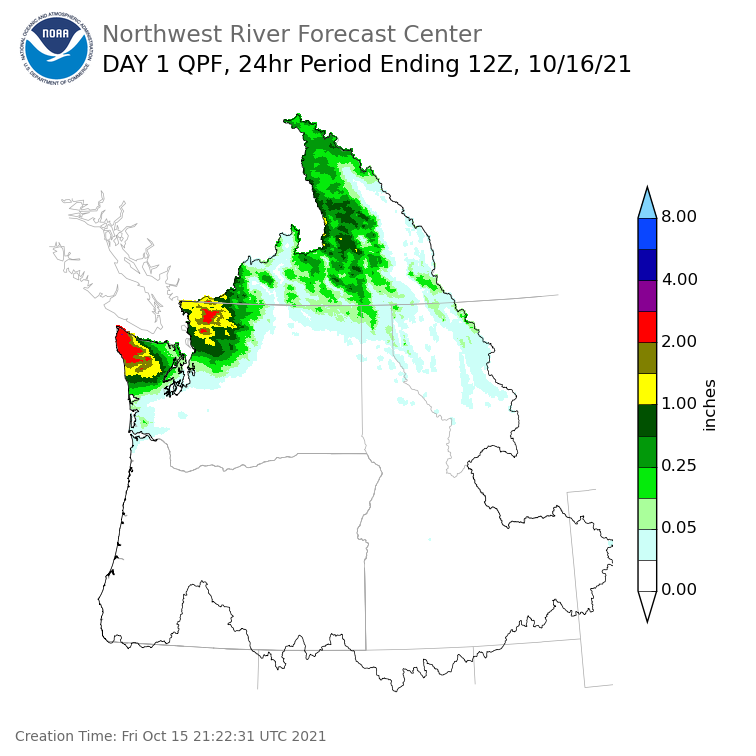 Day 1 (Friday): Precipitation Forecast ending Saturday, October 16 at 5 am PDT