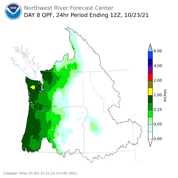 Day 8 (Friday): Precipitation Forecast ending Saturday, October 23 at 5 am PDT