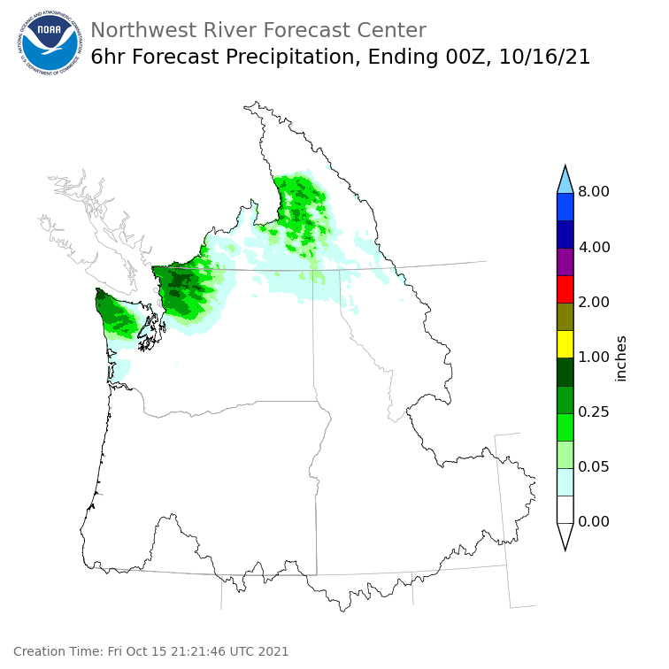 Day 1 (Friday): 6 Hourly Precipitation Forecast ending Friday, October 15 at 5 pm PDT