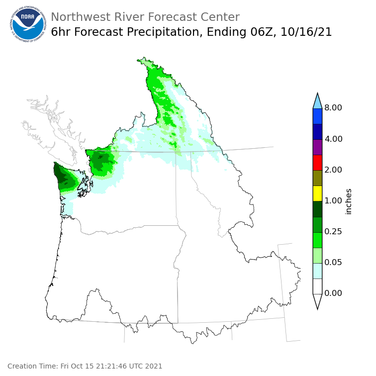 Day 1 (Friday): 6 Hourly Precipitation Forecast ending Friday, October 15 at 11 pm PDT